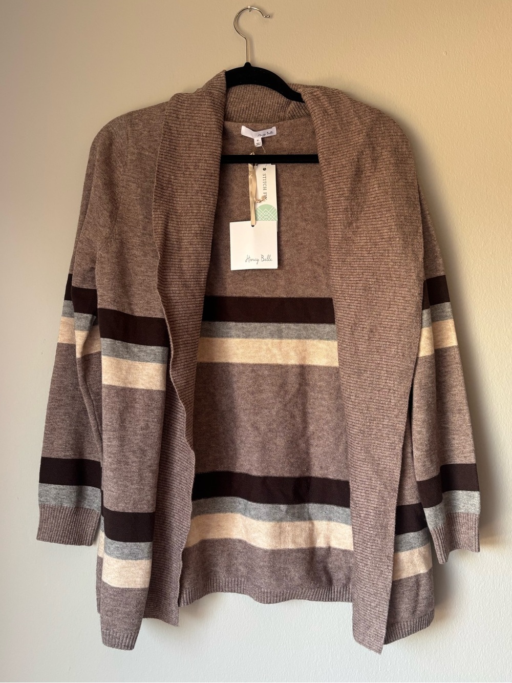 Honey Belle Ribbed Open-Front Cardigan in Taupe